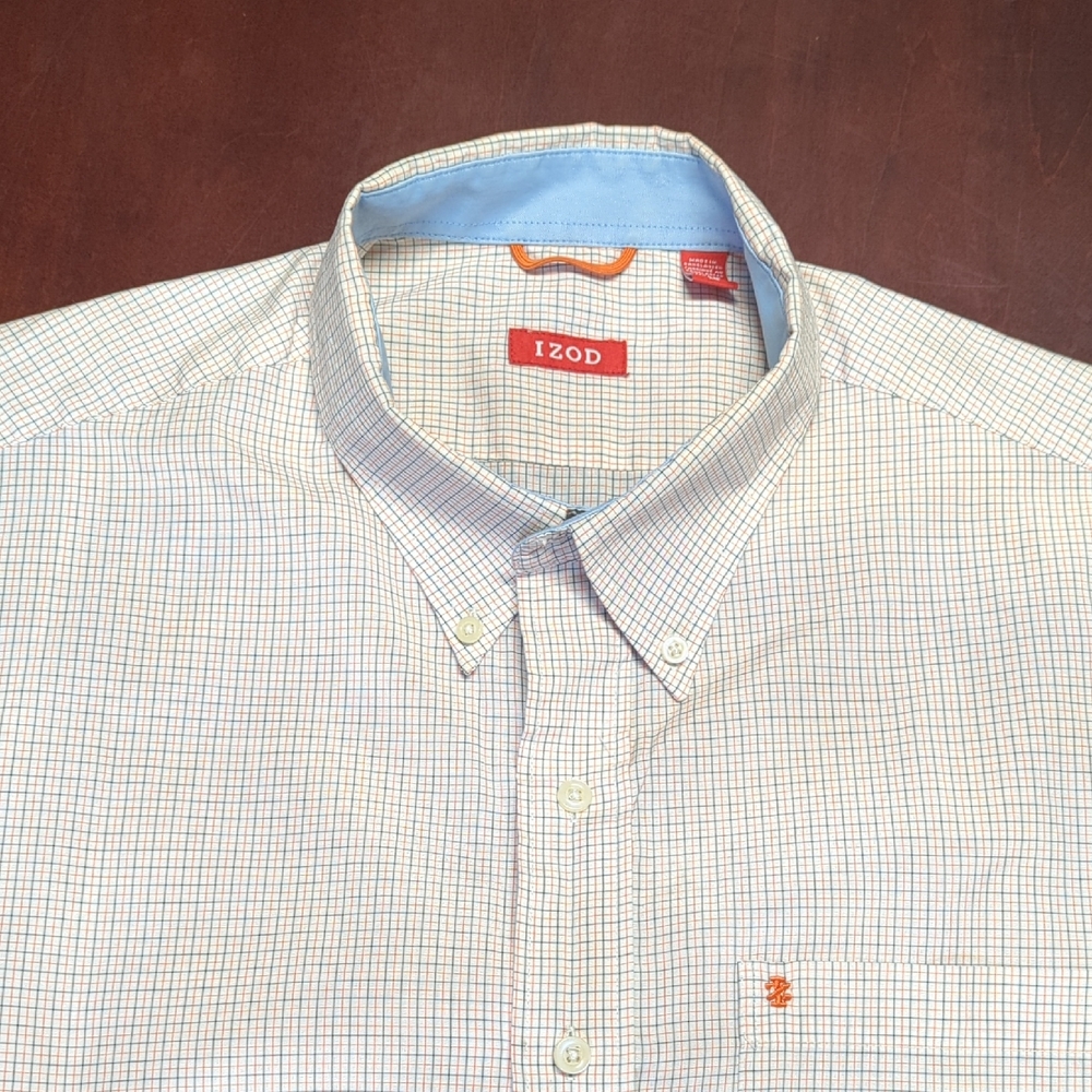 Izod Men's Plaid Sort Sleeve Button Down Shirt - White, Blue And Orange. - Picture 1 of 10